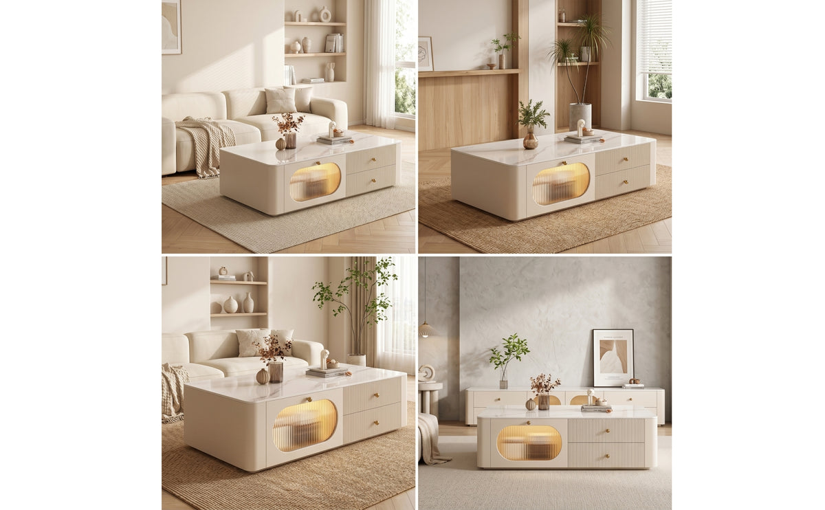 Glossy Coffee Table with Cabinet Modern Coffee Table with Drawers Cream-White Furniture Sophisticated for Living Room, Apartment