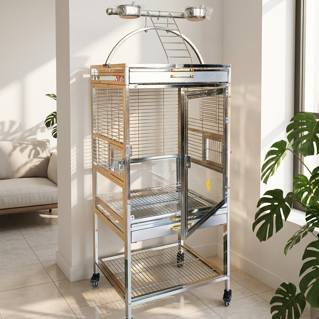 Bird Cage for Living Room, Monk Bird Viewing Cage, 304 Stainless Steel, Durable, Easy to Clean, Anti-Scatter