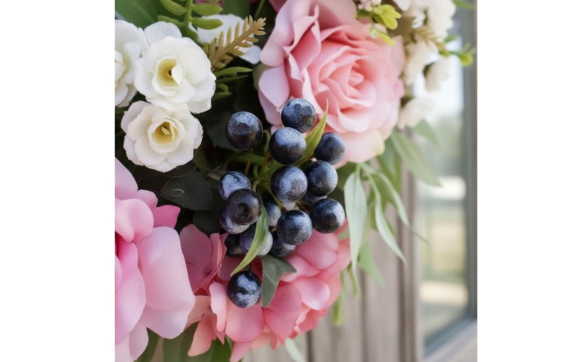 flower wreath Pink Rose and Blueberry Wreath Flower Garland for Wall Decor, Farmhouse, Wedding