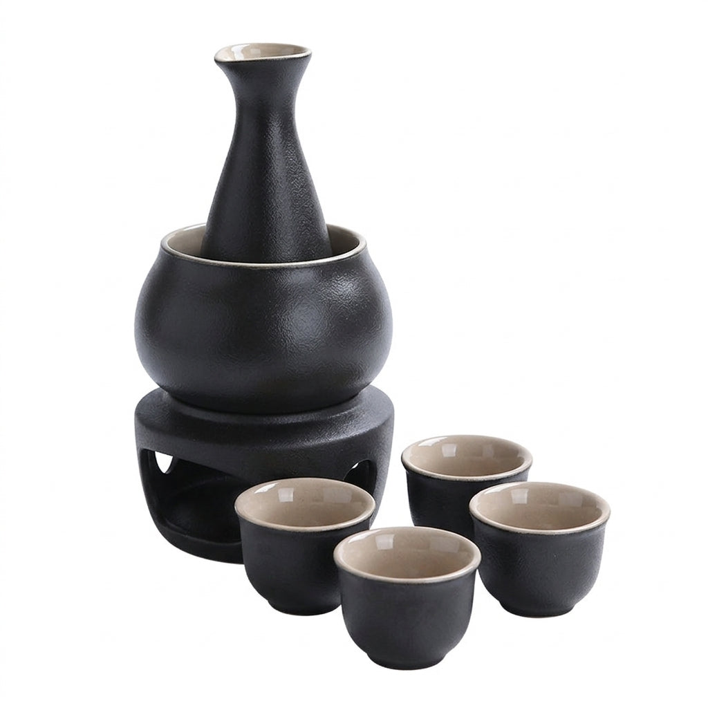 Ceramic Wine Warmer Set, 7-Piece Minimalist Japanese Style