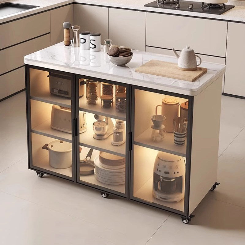 Movable Kitchen Storage Cabinet with Sintered Stone Top, Multi-layer Sideboard for Living Room