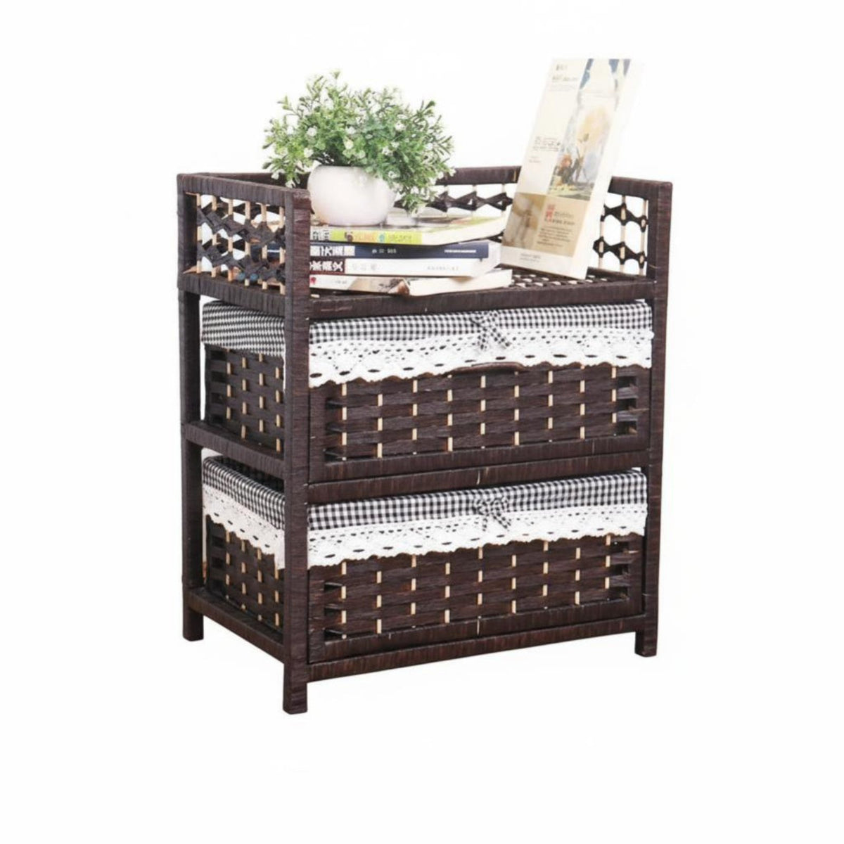 2-Drawer Wicker Nightstand space-saving Footprint Bedside Table Sturdy
