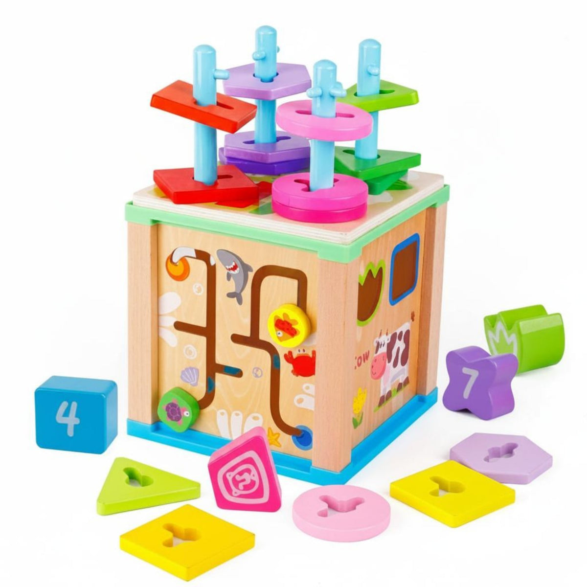 Early Educational Wooden Bead Maze Cube Polished Edges 5-in-1 Activity Cube Toddler Activity Center for Toddlers, Babies, Preschool, Playroom, Nursery