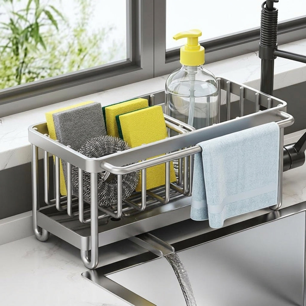 Sponge Holder and Dishcloth Holder Drain Rack with Scrubber Holder, Carbon Steel Rectangular Shape Sink Holder, Countertop Storage