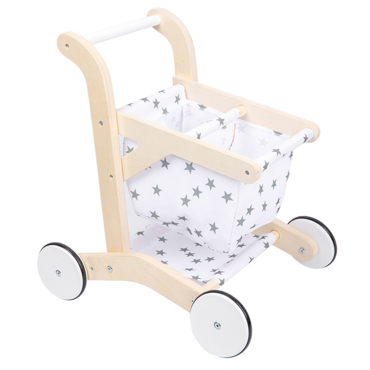 Wooden Push Cart with Basket Imaginative Play Shopping Cart Toy Energetic Infant Push Pusher for Kids, Nursery