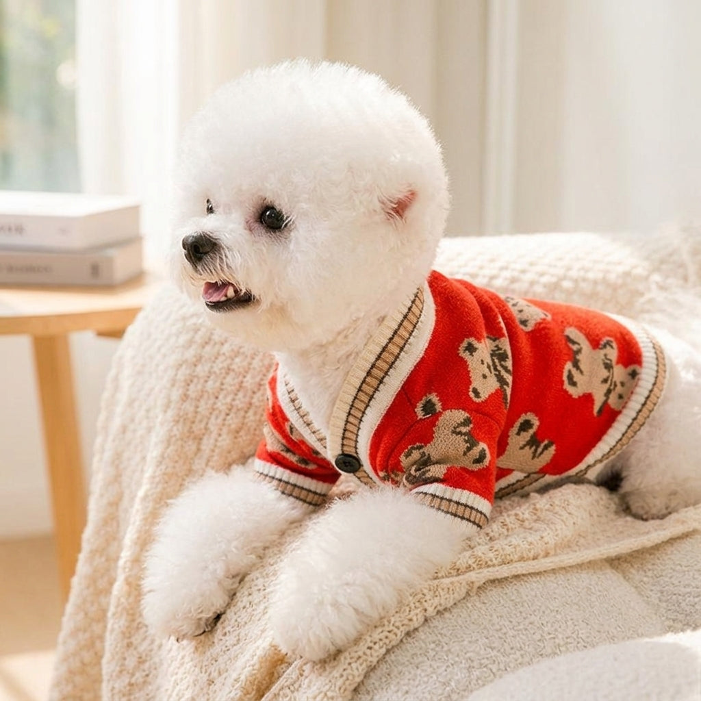 Knitted Dog Sweater and Knitted Cat Sweater, Button Front V-shaped neckline Acrylic British Style Winter Warm Pet Clothes, Short Sleeve Small Dog Vest