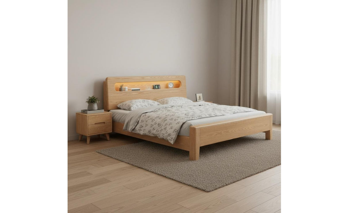 Minimalist Wooden Bed Frame Mortise and Tenon Joinery Solid Wood Bed with Storage Headboard for Guest Room