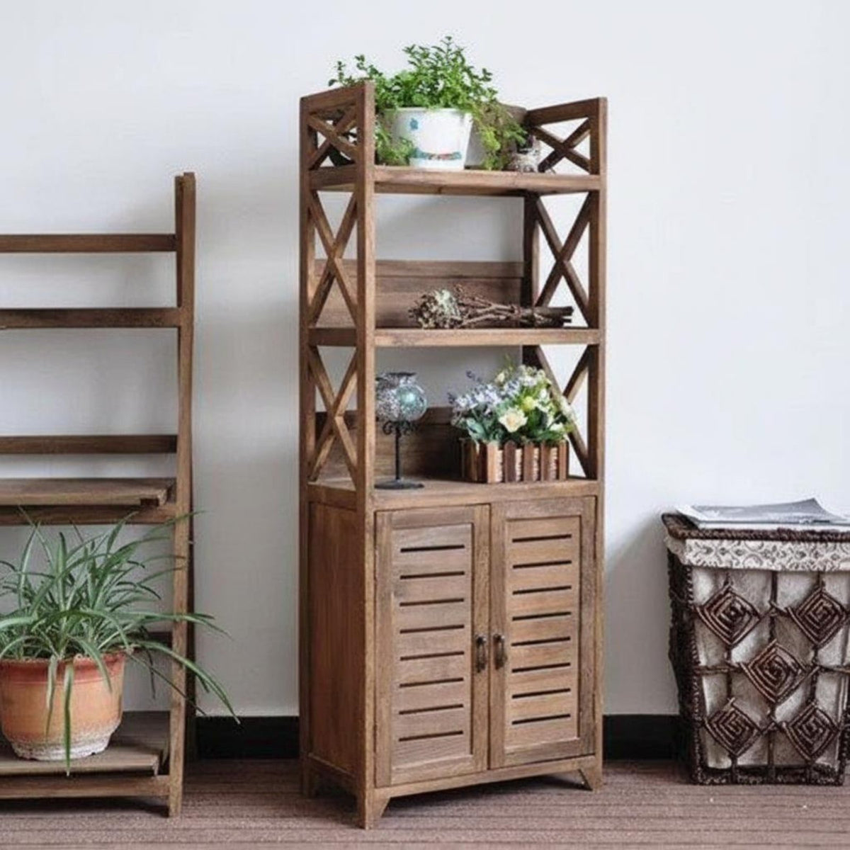 Multi-Tier Storage Multi-Tier Louvered Doors Etagere with Cabinet Rustic Design Unobstructedstanding for Book Lovers, Entryway