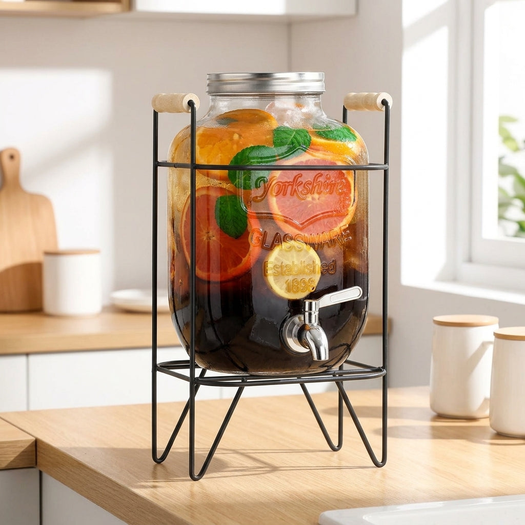 Large Capacity Glass Beverage Dispenser with Hammered Texture, High Borosilicate Drink Dispenser, Juice and Water Dispenser with Metal Stand