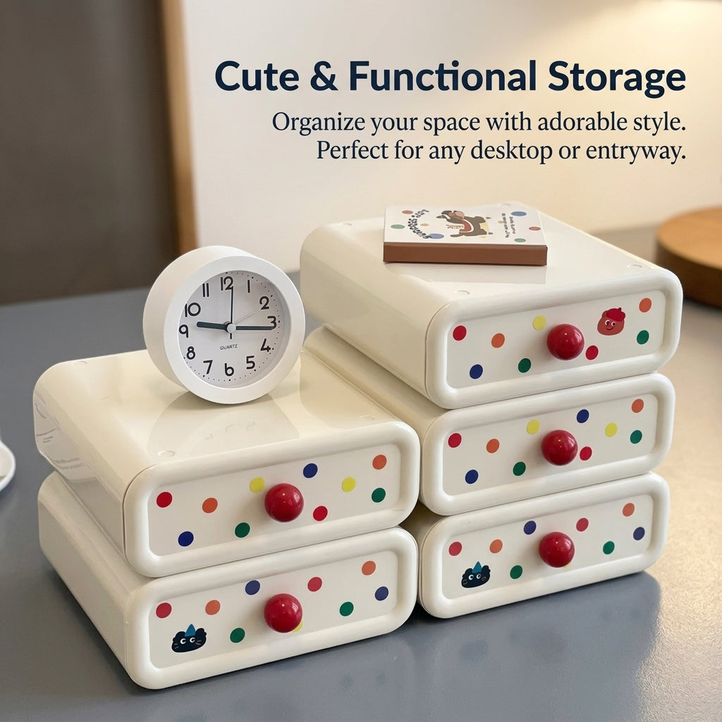 Desktop Drawers with Lid, Small Desk Storage Box for Office Supplies Drawer Unit with Decorative Stickers, Cream White Organizer