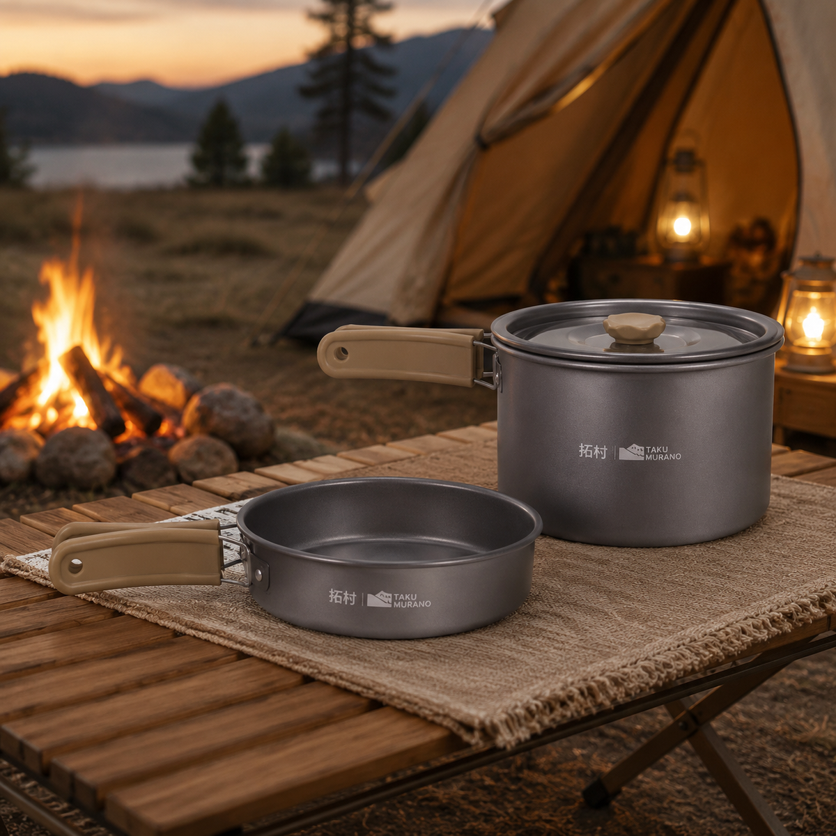 Camping Cooker Set Pot Set Hard Anodized 2-Piece Set with Storage Bag Gas Compatible