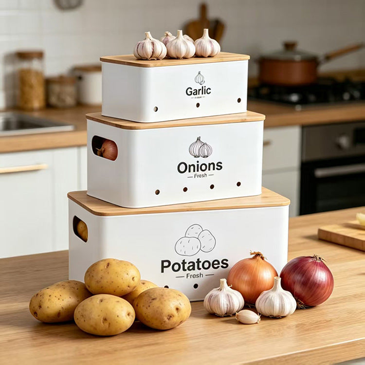 Modern Simple Metal Vegetable Storage Canister Set of 3 for Kitchen, Breathable for Potatoes, Onions, Garlic