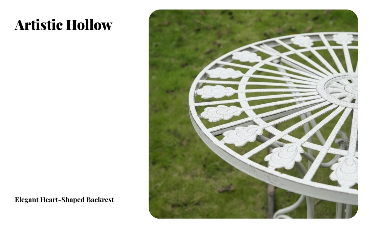 3 Pieces Vintage design and aesthetic 3-Piece Dining Group Distressed Finish Round Mesh Table with 2 Chairs Ornate Scrollwork Patio Set Weather-Resistant for Apartment Dwellers, duos, Homeowners, Garden, Balcony, Backyard, Porch