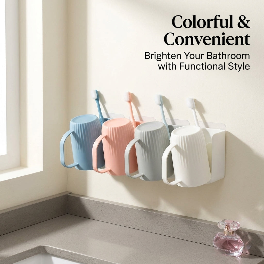 Wall Mounted Toothbrush Holder No Drill, Organizer with Cups for Toothpaste Storage Rack for Vanity Families Blue
