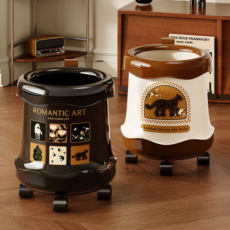 Vintage Style Plastic Trash Can with Wheels for Home