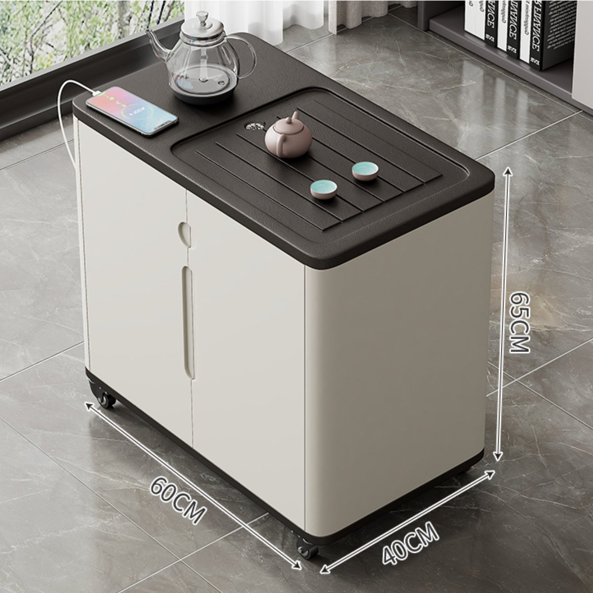 Mobile Tea Trolley with Water Heating System and Rolling Serving Cart Built-in Storage Cabinet Drainage Tray Suitable for Hosts Living Room Balcony
