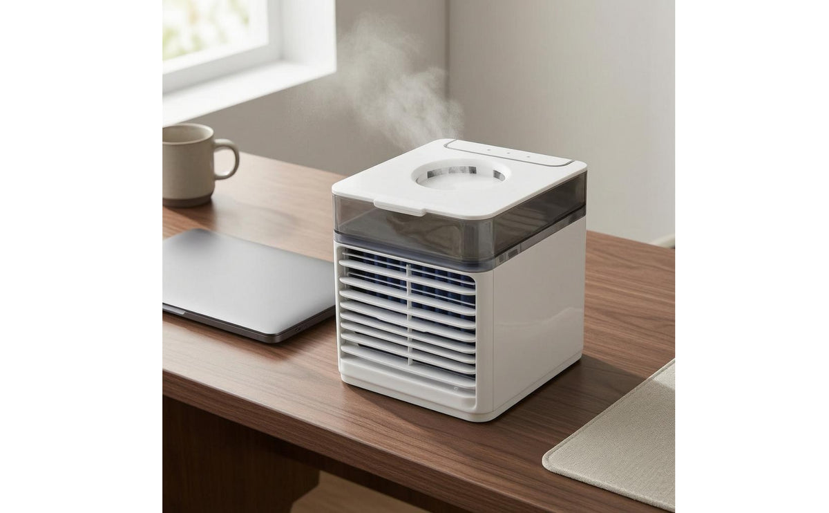 Portable Desktop Air Cooler Compact Mini Air Cooler White Spray Cooling Fan Boxy for Tabletop, Desk