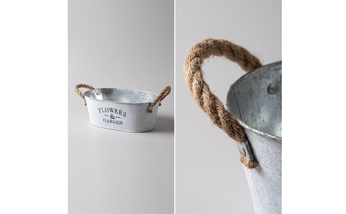 Galvanized Metal Planter with Rope Handles Vintage Oval Planter Rustic Flower Pot with Handles Farmhouse for Tabletop, Windowsill, Shelf