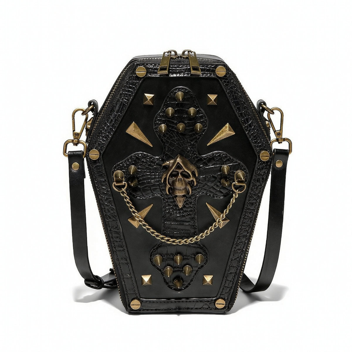 Casket Shoulder Bag with Cranium Motif Faux Leather Casket Crossbody Bag Adjustable Handbag for Goths, Concerts