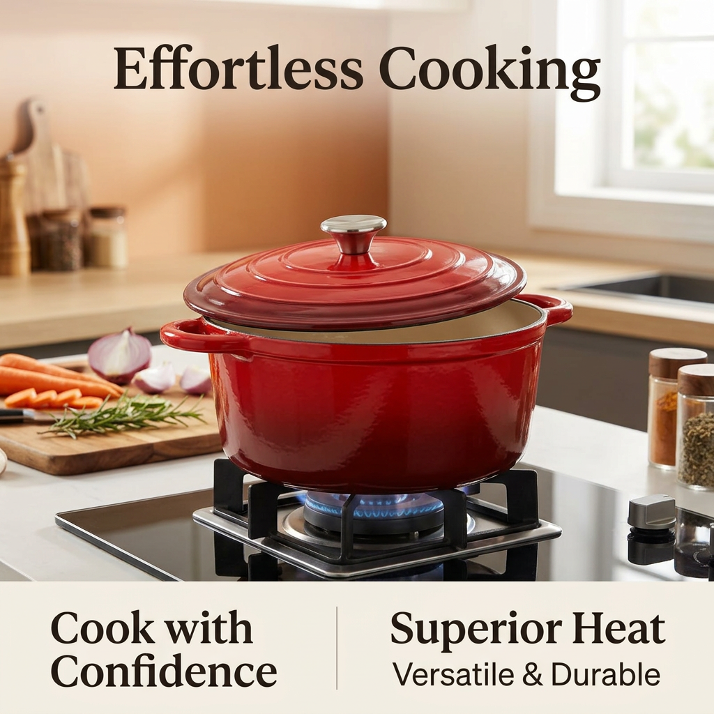 Round Cast Iron Dutch Oven with Lid, Enamelled Cast Iron Casserole Dish, Thick Cast Iron Soup Pot for Stewing and Braising