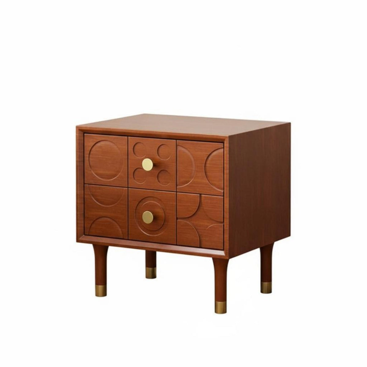 Nordic Design Carved 2-Drawer Nightstand Mid-Twentieth Century-Century Modern Aesthetic Carved 2-Drawer End Table Versatile Use Bedside Cabinet Brass Knobs for Homeowners, Apartment Dwellers, Adults, Guest Room, Hotel, Entryway