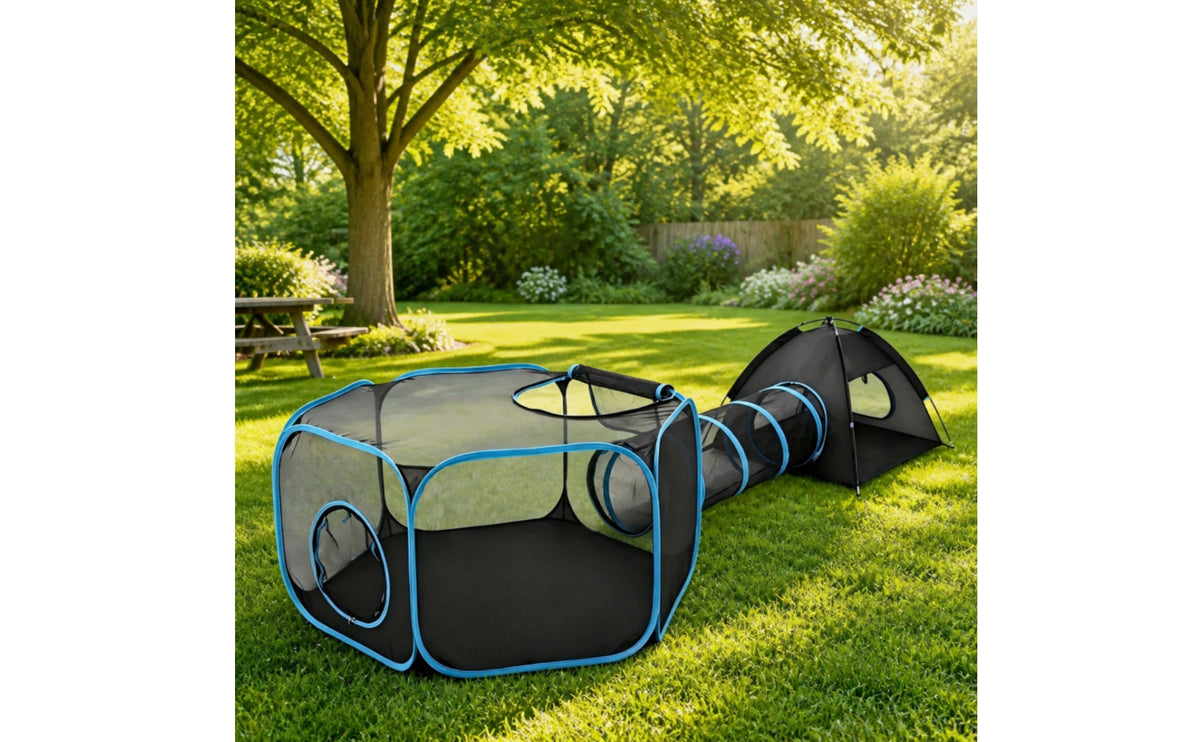 3 Pieces Pet Activity Tunnel Set Portable Mesh Playpen with Tunnel Easy to Fold Tent for Cats, Small Animals, Backyard
