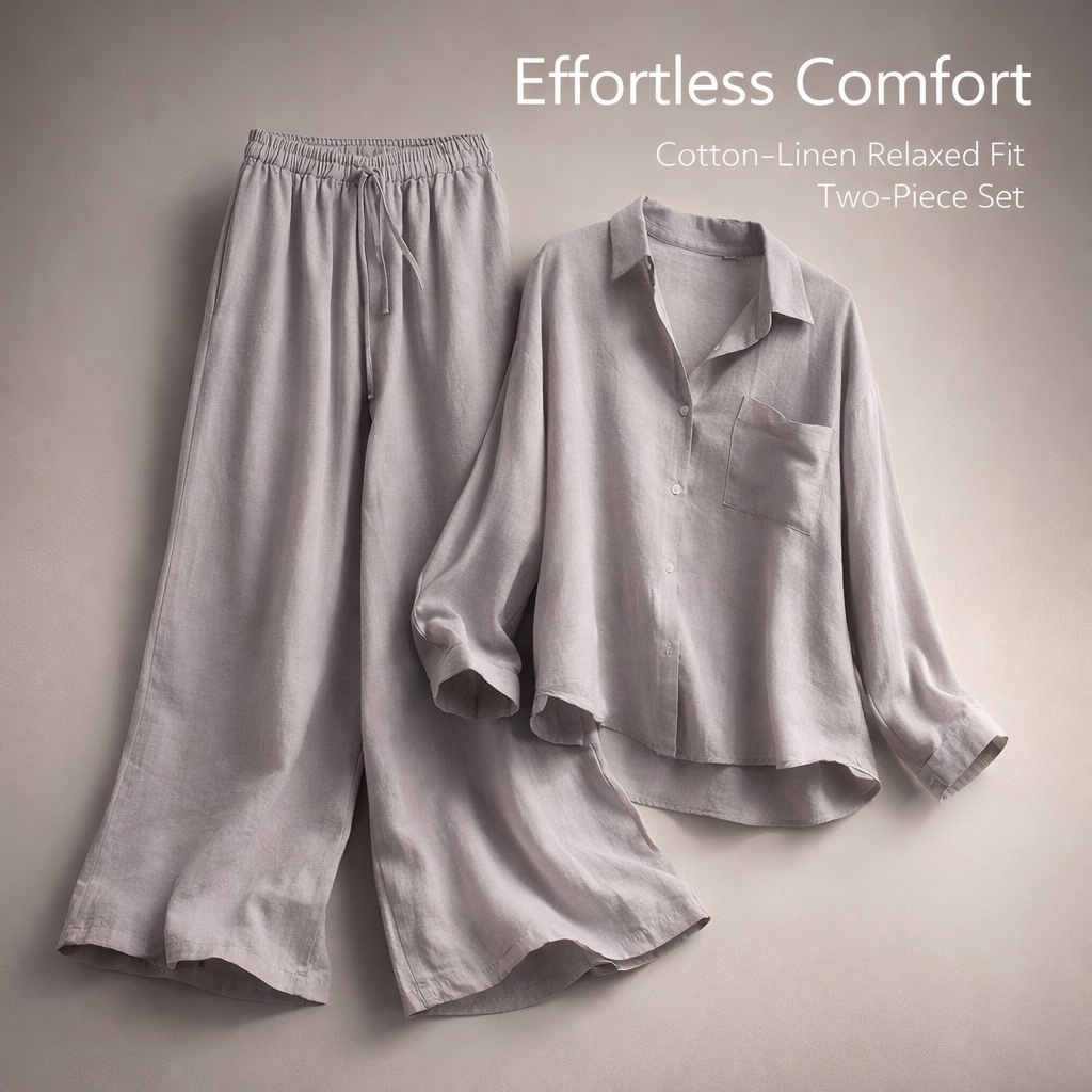 Women's Linen Two Piece Lounge Sets with Vintage Wrinkle Texture, Plus Size Ladies Casual Wear with Wide Leg Trousers, Everyday Outfit