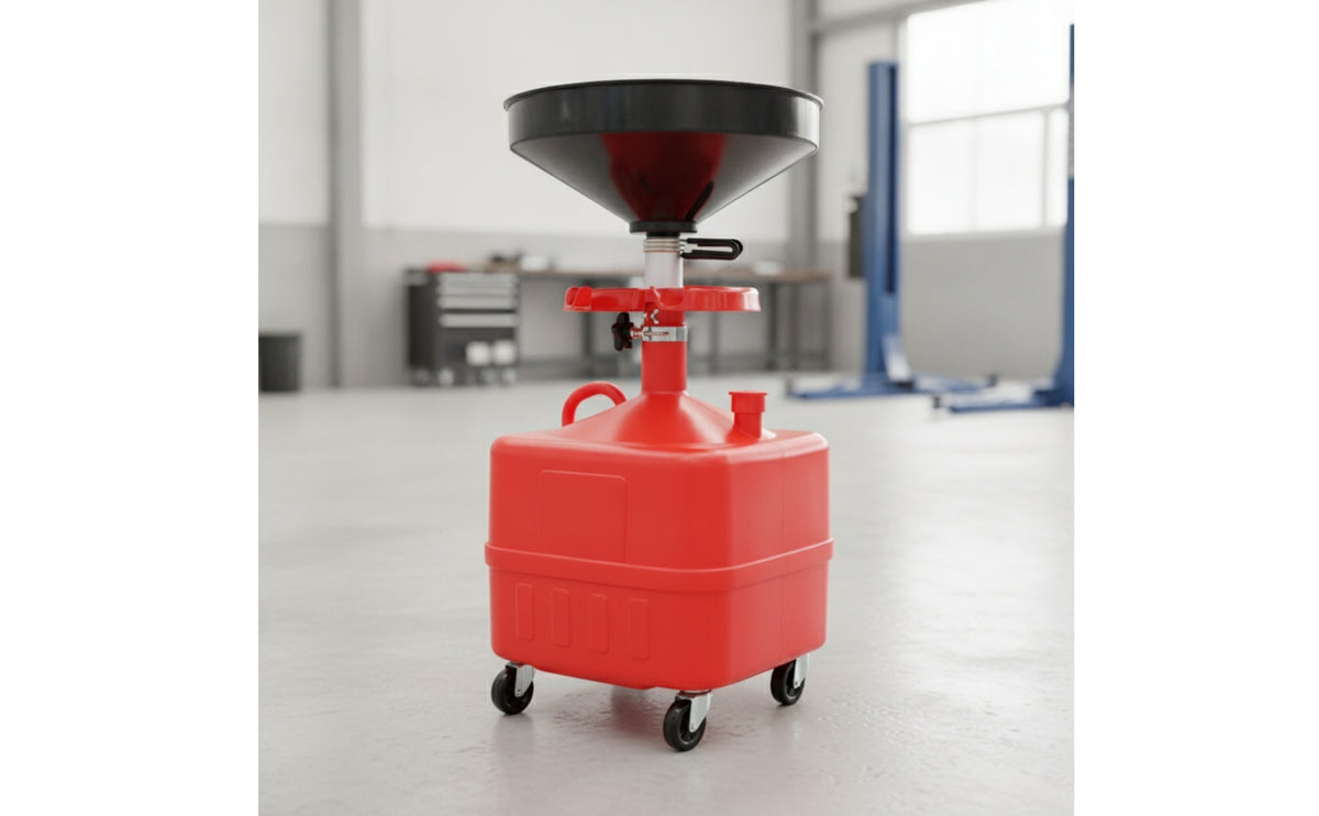 Mobile Oil Drain Cart with Funnel Portable Waste Oil Collector with Tray Heavy Duty Pan Quick Cleanup for Mechanics, Auto Technicians, Garage, Workshop