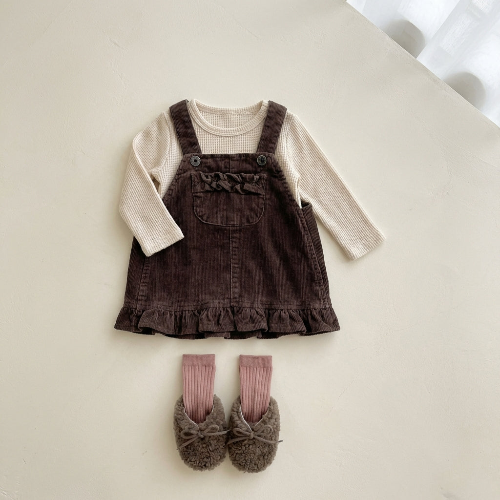 Baby Girl Corduroy Pinafore Dress Ruffled Hem Suspender Skirt Vintage Brown Dungarees for Toddler Easter Outfit Spring Party