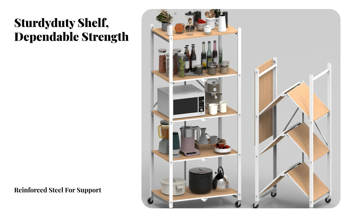 No Assembly Required Foldable Multi-Tier Rack Large Capacity foldable Rolling Shelf sturdy Duty Shelving Unit Movable with casters for Homeowners, Students, Office Workers, Kitchen, Pantry, Garage, Closet