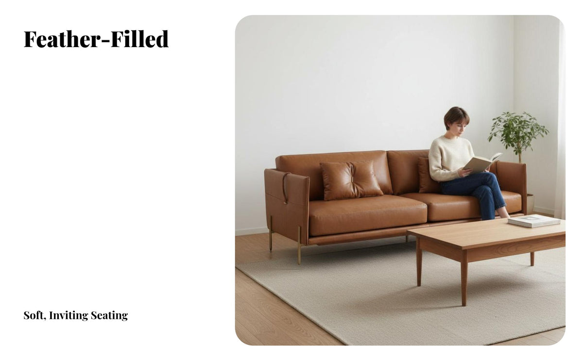 3-Seater Modern Couch Genuine Leather Upholstery 3-Person Couch Down-Filled seat pads Sofa for Apartment Dwellers, Homeowners, Lounge Area