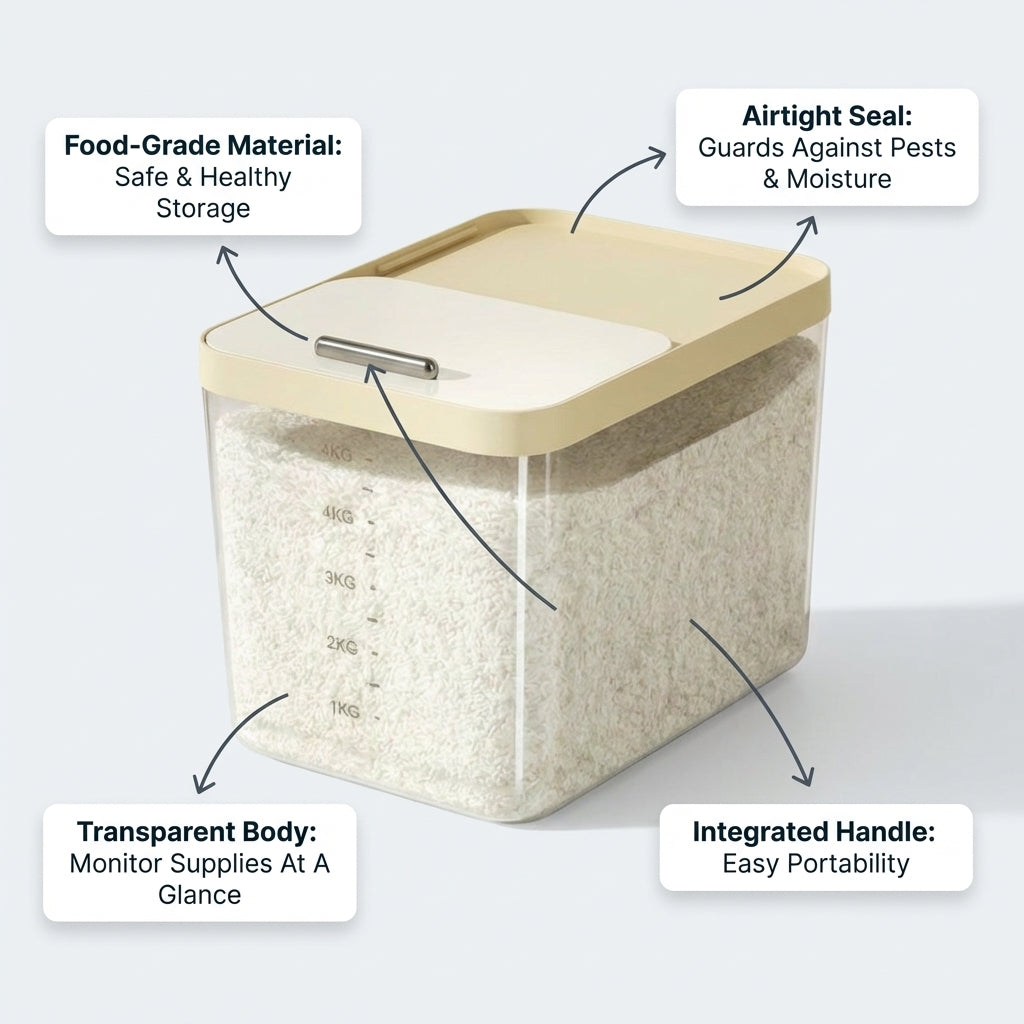 Airtight Rice Storage Container with Measuring Cup, Khaki Color Storage Bin, Easy Open Lid, Space Saving Kitchen Storage