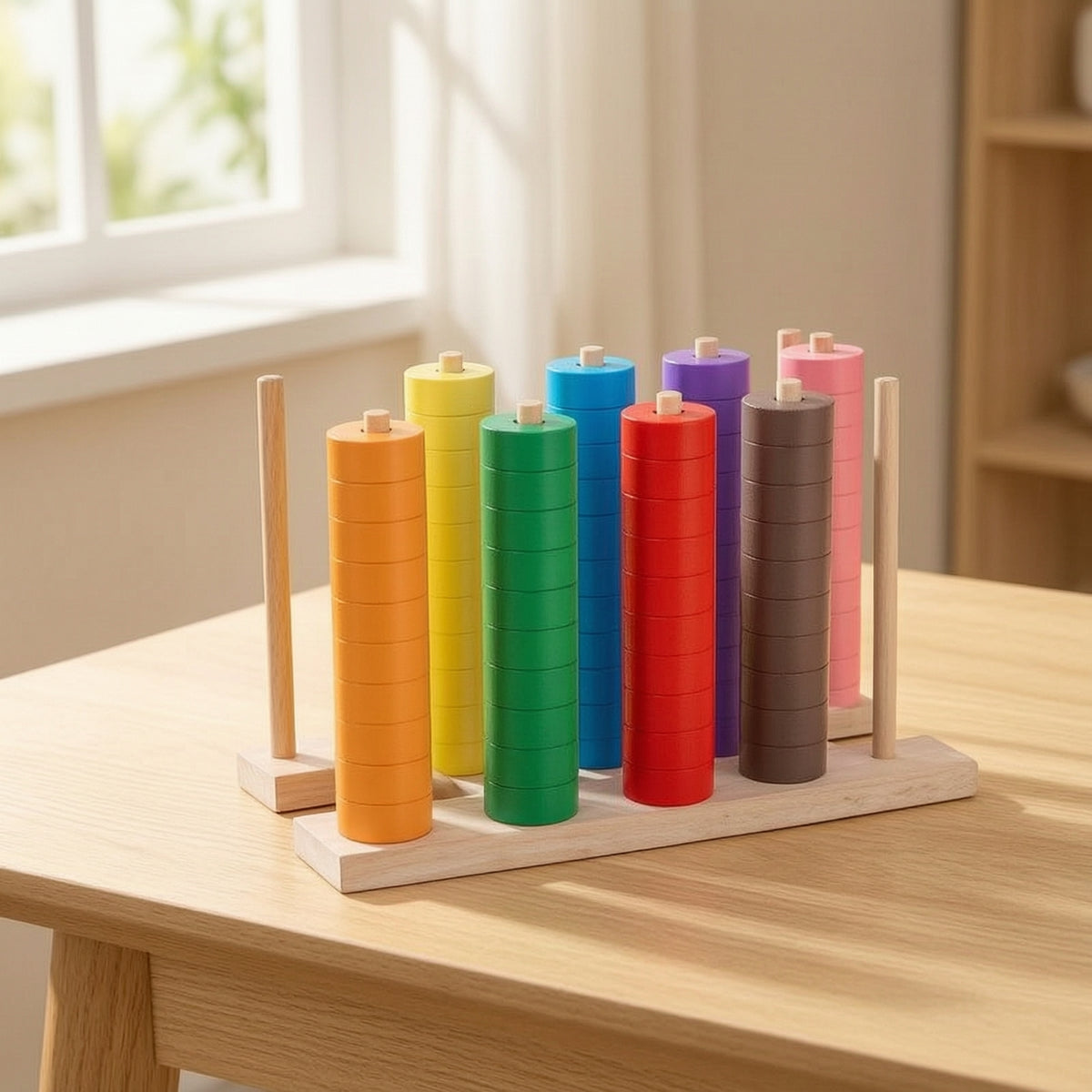 Educational Wooden Stacking Toy Smooth Stacking Toy with Bell Sorting Rainbow Stacker Learning for Classroom