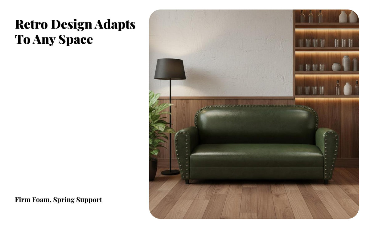 Solid Wood Frame Retro Faux Leather Sofa High Density Sponge Reception Area Sofa Coil Wrapped Cushion Vintage Design Loveseat Wear Resistant for Shopkeepers, Homeowners, Business Owners, Hair Salon, Retail Shop, Office, Living Room