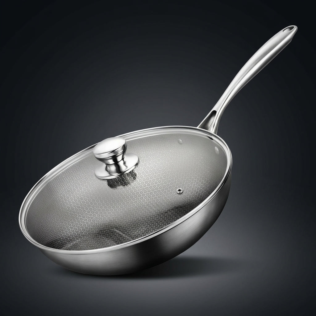 Frying Pan for Stir Fry and Wok Induction Hob Cooking, Stainless Steel Wok with Lid and Honeycomb Surface, Flat Bottom Pan, Electric Gas Use