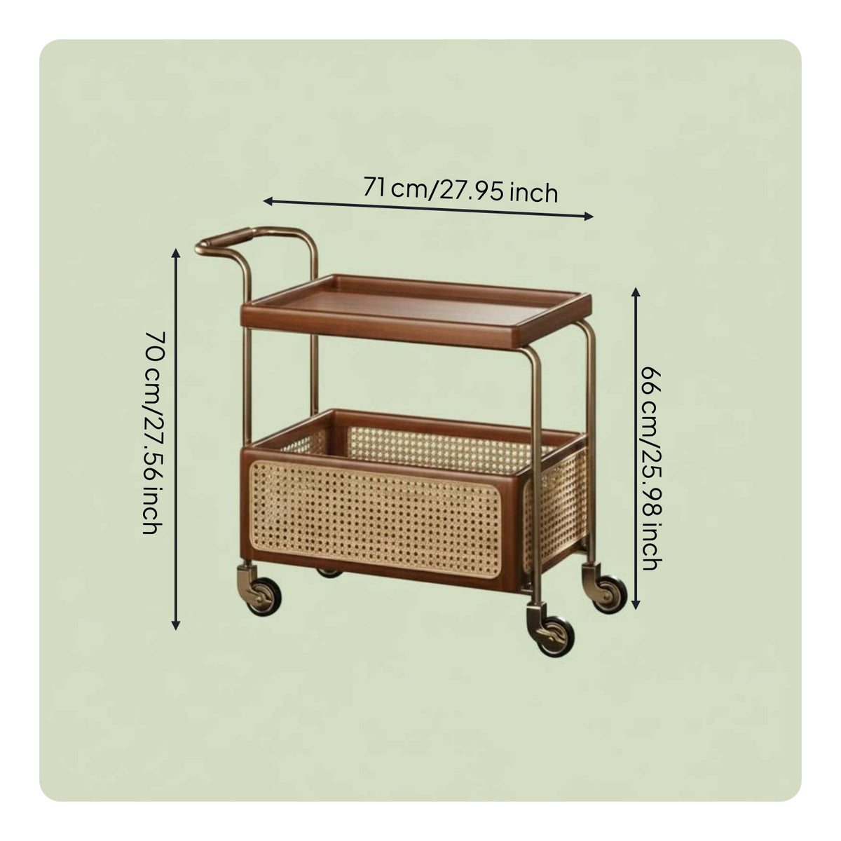 Movable Rattan Trolley Table Easy to Move Rattan Side Table Storage Rack Vintage Bedside Shelf Space-Saving for Living Room