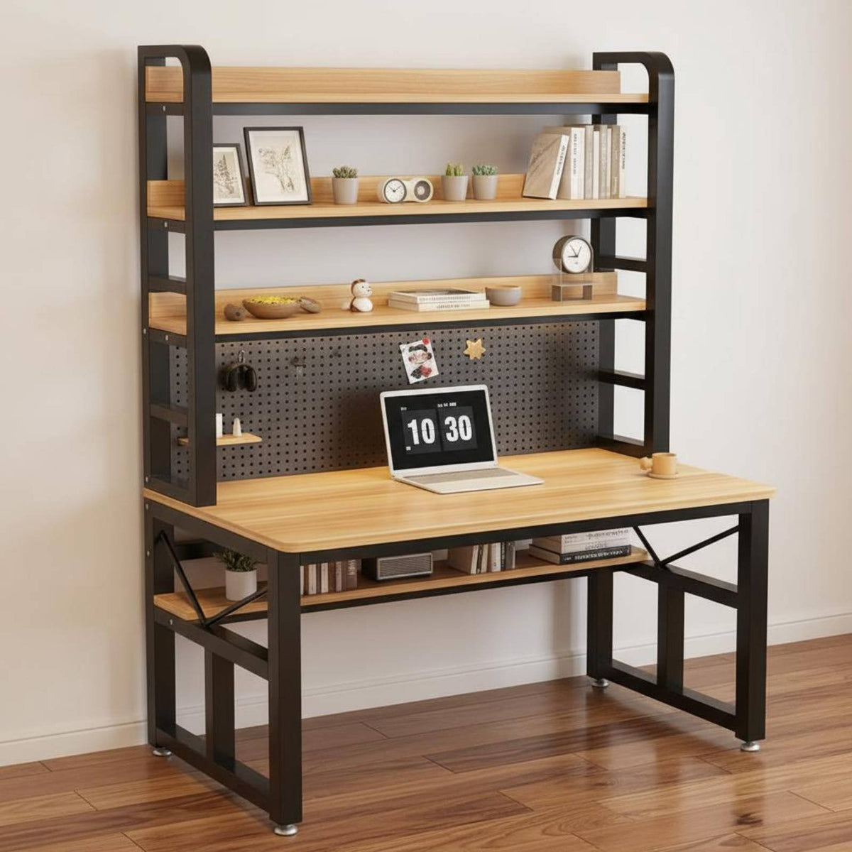 Computer Desk with Bookshelf Desk with Hutch and Pegboard Study Table Writing Desk with Integrated Shelves Solid Wood Top Steel Frame Suitable for Home Office Dorm Study Station