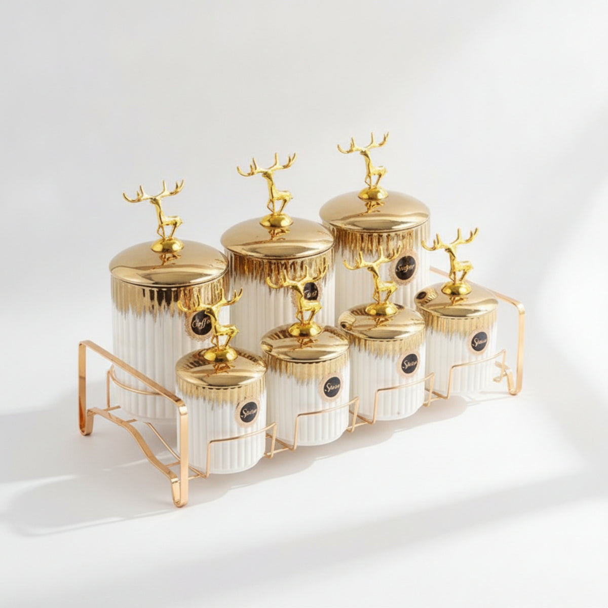 7 Pieces container Set with Rack Ceramic Storage Jars with Lids Countertop Kitchen container Set for Household Organizers
