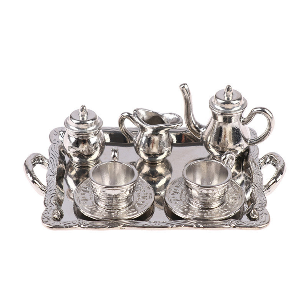 8 Pieces Metal Miniature Tea Set with Tray Elegant Dollhouse Tea Set Silver Detailed for Photographers