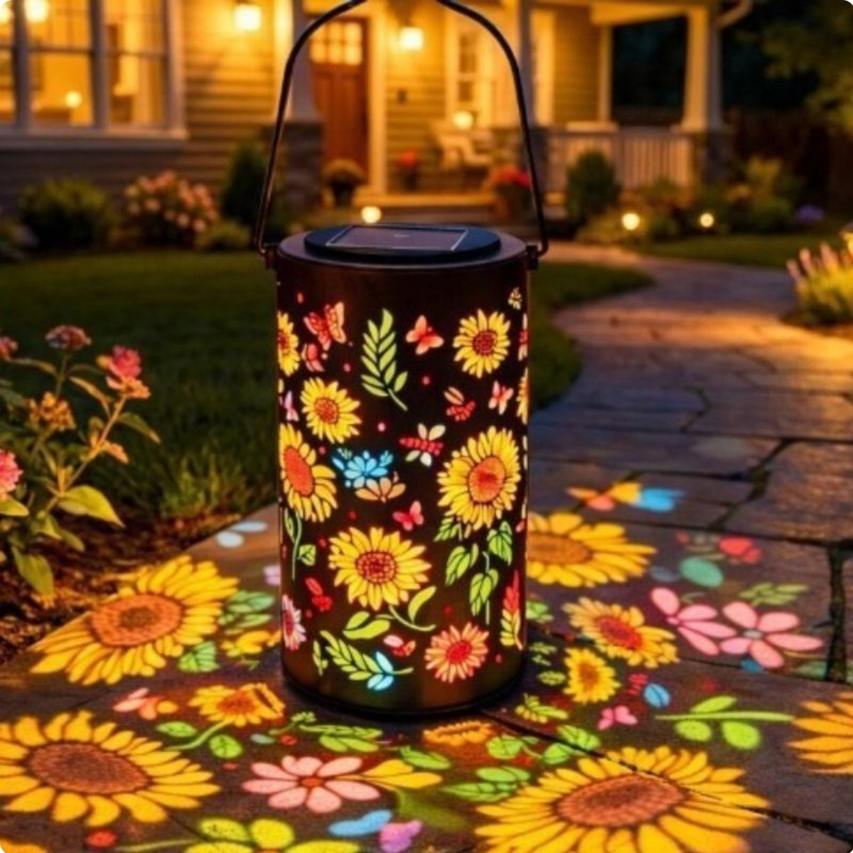 Solar Sunburst Lantern Auto On/switch Hollow Metal Projection Lamp for Pathway