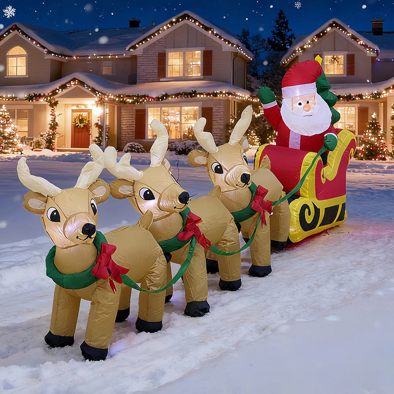 Christmas Inflatable Santa Claus with Three Reindeer Pulling Sled with Christmas Tree Outdoor Yard Decoration, US Plug