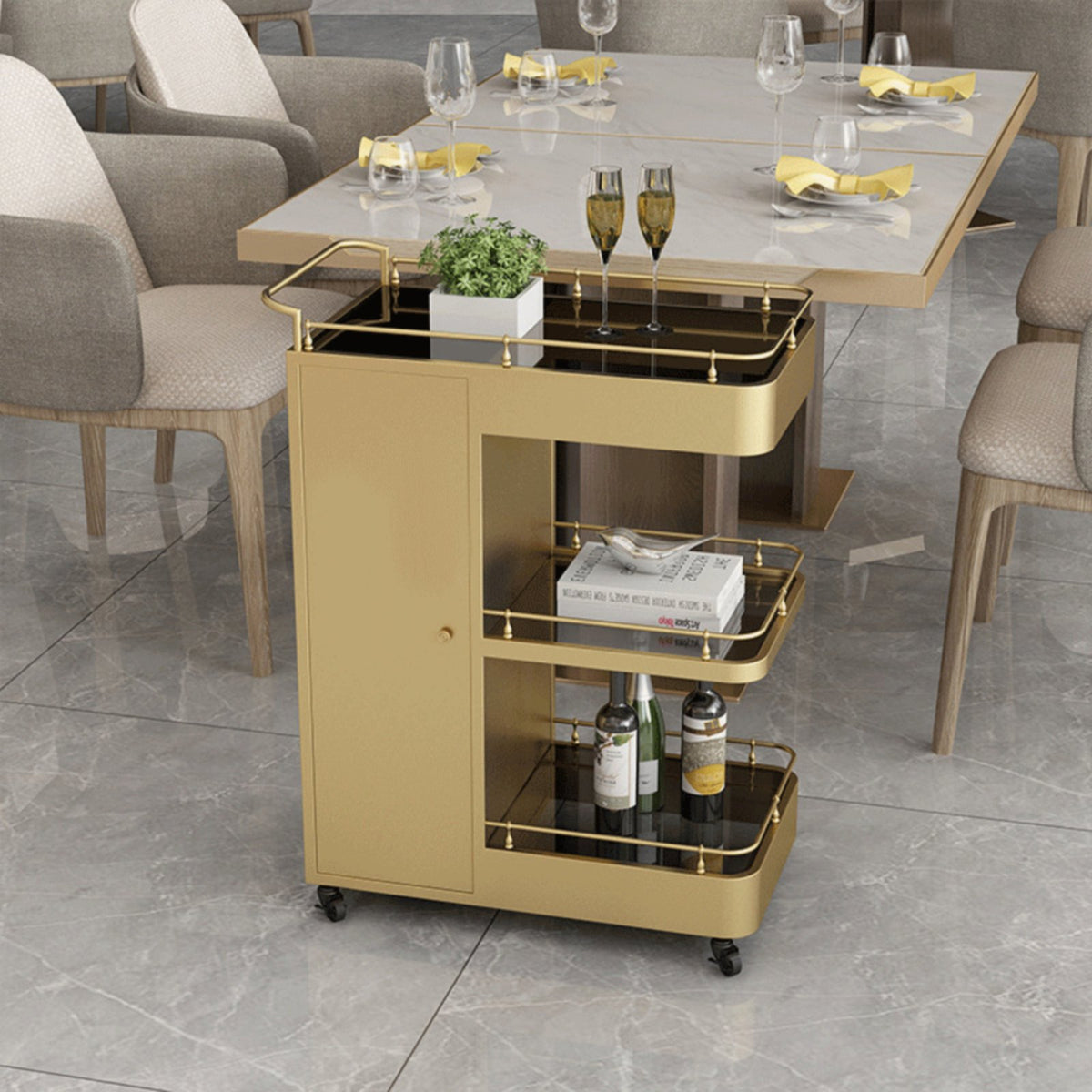 Food Service Trolley Heavy Duty Rolling Bar Cart with Cabinet Omni-Directional Rotating Wheels 3-Shelf Service Cart for Restaurant Hotel, Dining Room