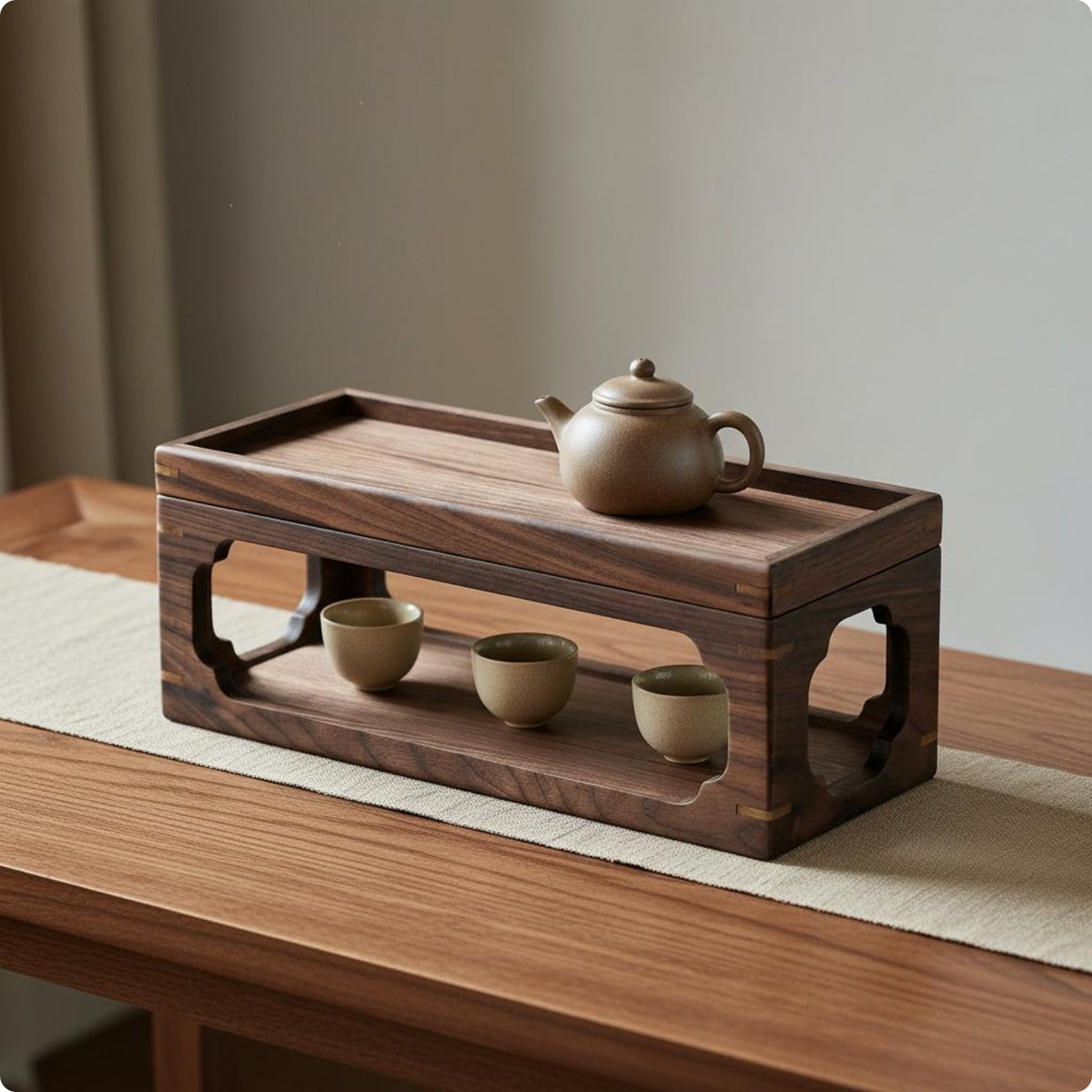 Walnut Wood Tea Rack Traditional Style Display Stand Spacecompact Home Storage