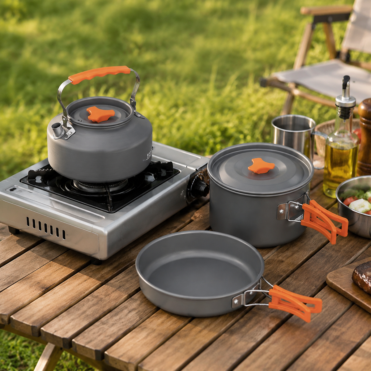 Lightweight Compact Cooker, Frying Pan Set, Gas, Portable Cooking Utensil Set, With Storage Bag, 1000g