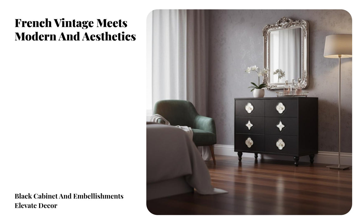 French design Scalloped Front Commode Multi-Functional Storage Cabinet Gold elements accent Chest mid-century modernera Modern for Homeowners, Interior Design aficionados, Apartment Dwellers, Bedroom, Dining Room, Hallway