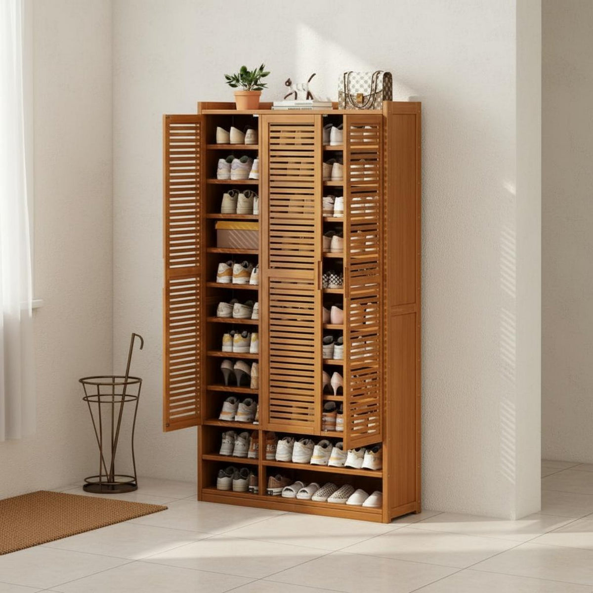 Multi-Layer Shoe Storage Cabinet Large Capacity Louvered Door Footwear Storage Unit Space Saving Household Furniture for Entryway, Hallway, Closet
