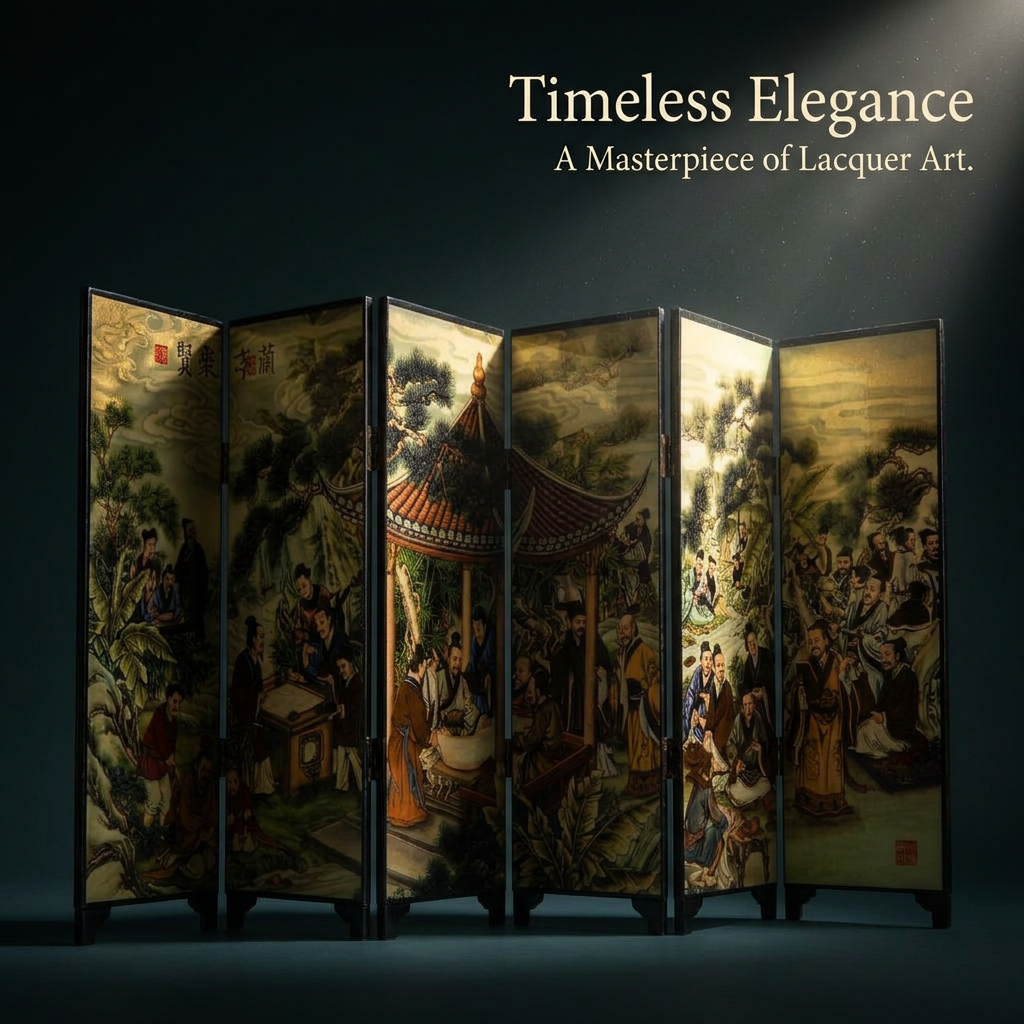 Handmade Chinese Lacquerware Folding Screen with Eight Steeds Painting, Desktop Room Divider for Living Decor and Office Decoration