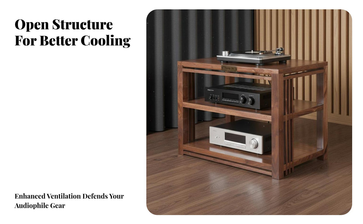 Heavy Duty Black Walnut Audio Cabinet High Load Capacity Audio System Rack Shock-Absorbing Design Multi-Tier High-Fidelity Stand Long-Lasting Construction for Audiophiles, Home Theater, Listening Room