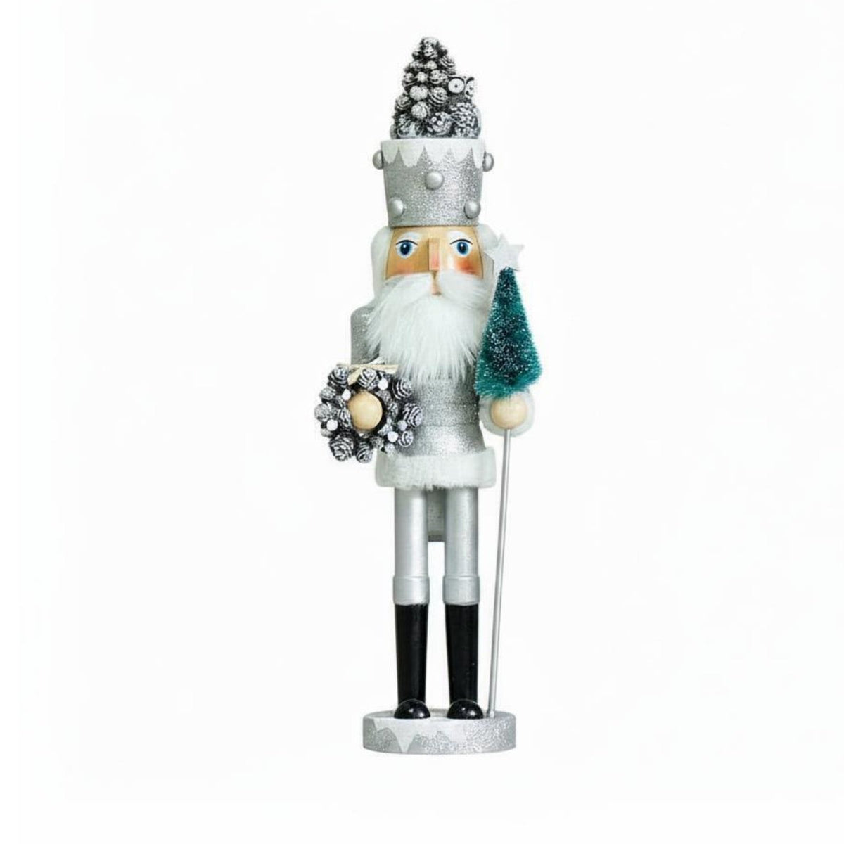 Solid Wood 42cm Wooden Nutcracker Artisan-Made Silver Glitter Nutcracker Holiday Decoration for Collectors, Mantelpiece, Home Decor, Tabletop