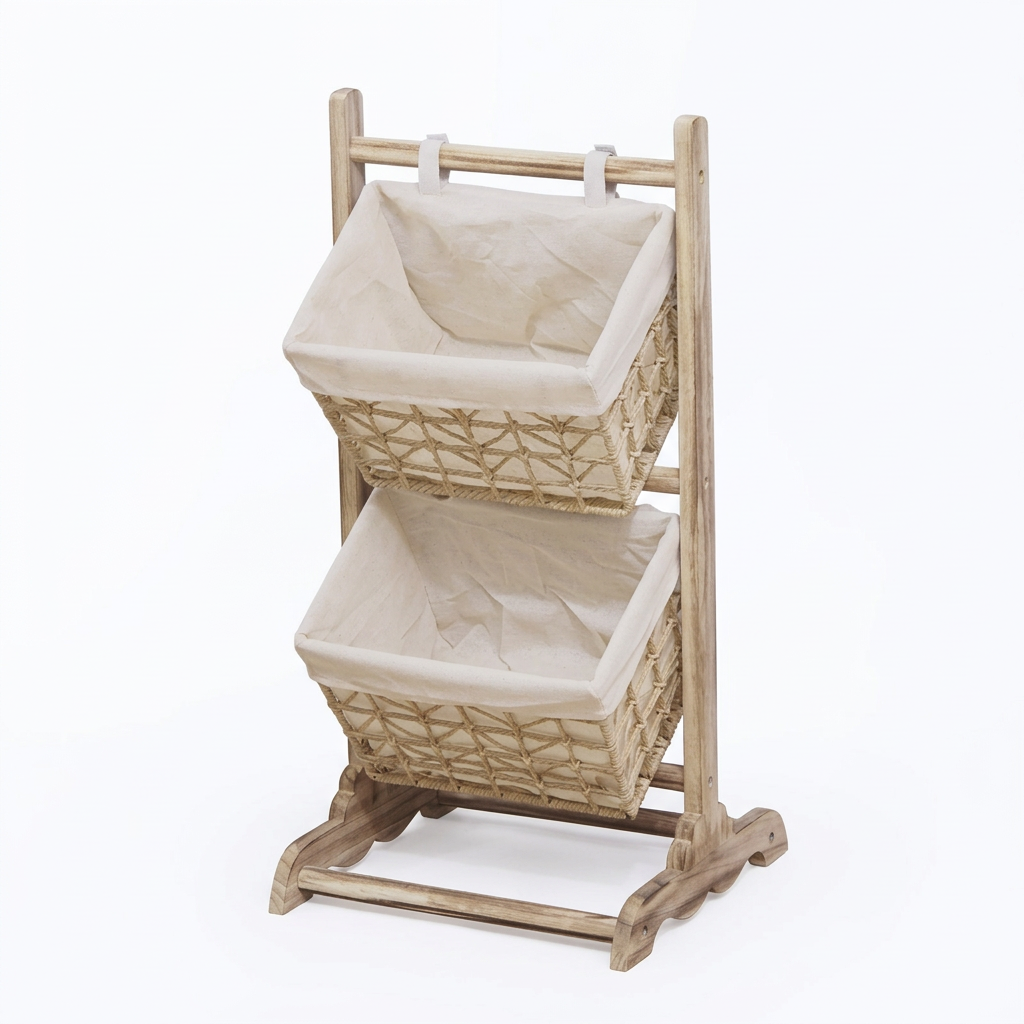 Wooden Ladder Shelf with Woven Baskets, Freestanding Organizer Bin for Book Storage, Toy Storage, Home Office